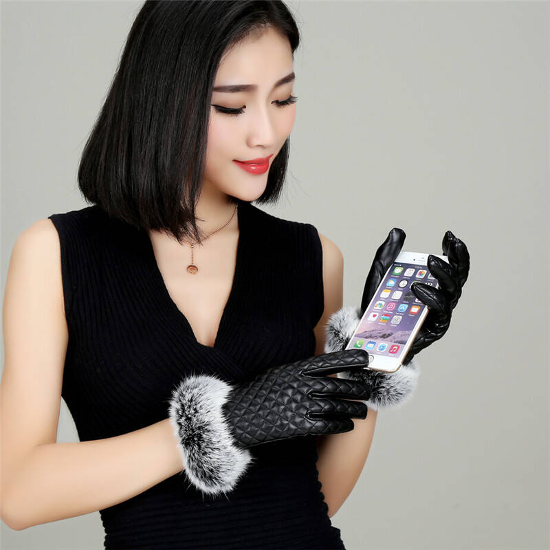 欧鹿雅顿皮手套 女 冬加绒加厚 绒里保暖 可触控 可爱兔毛格子款开车