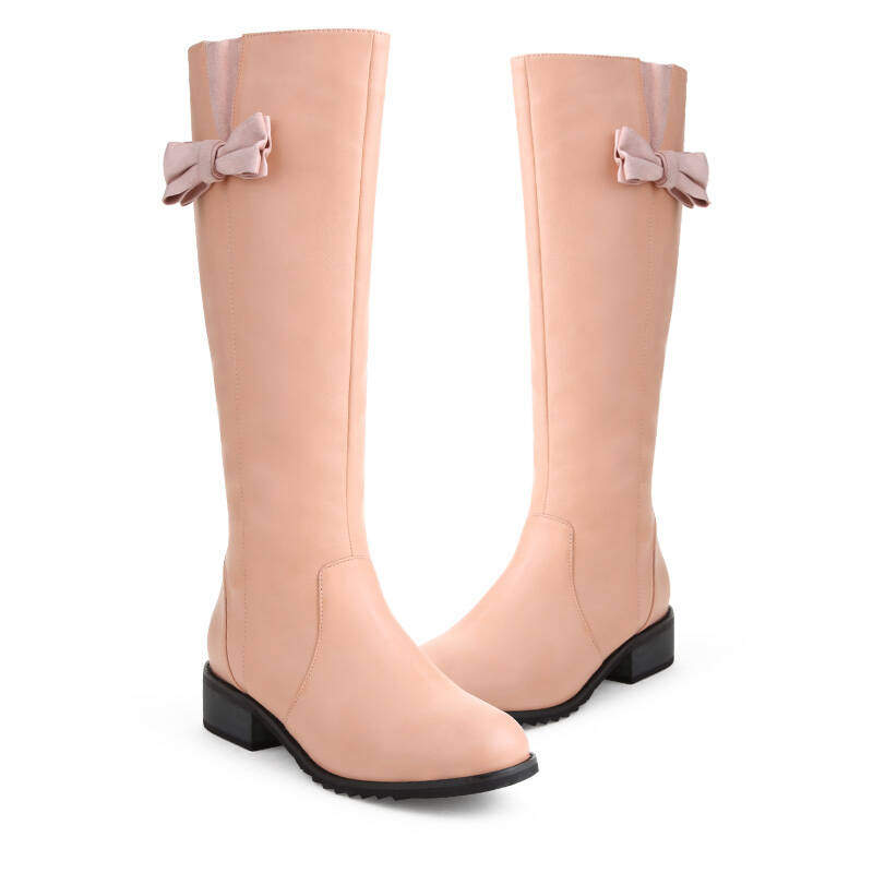 2015冬季新款甜美系蝴蝶结粗跟及膝长靴高筒女靴骑士靴w55611 粉色 35