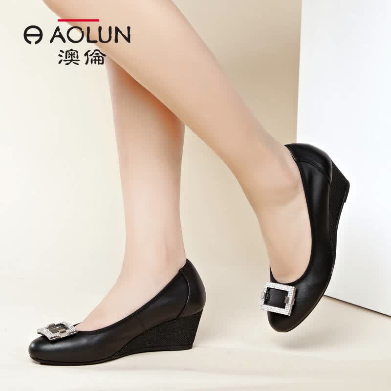 澳伦(aolun)2016秋新款真皮牛皮ol女鞋舒适坡跟高跟单鞋通勤 黑色 35