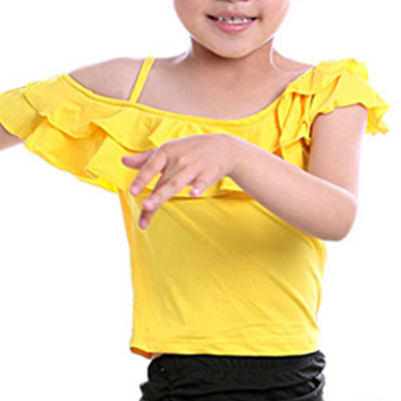 女童练功服 少儿拉丁舞服装 幼儿表演服 合唱舞裙 鹅黄斜肩上衣 黑裙