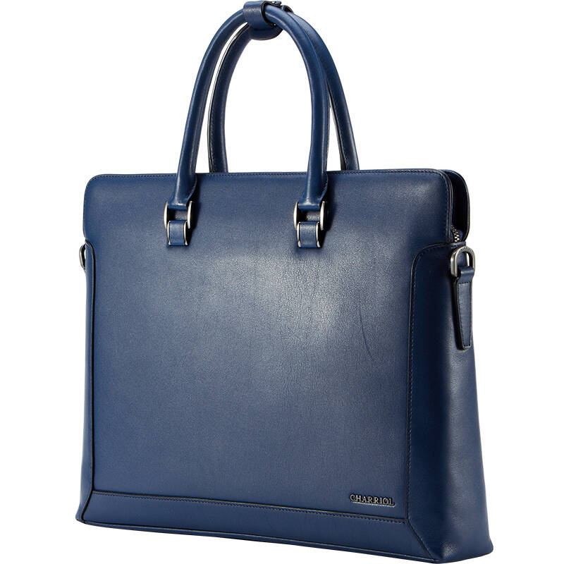 夏利豪 charriol 牛皮单肩包 蓝色商务横款方形真皮男手提包 cf016