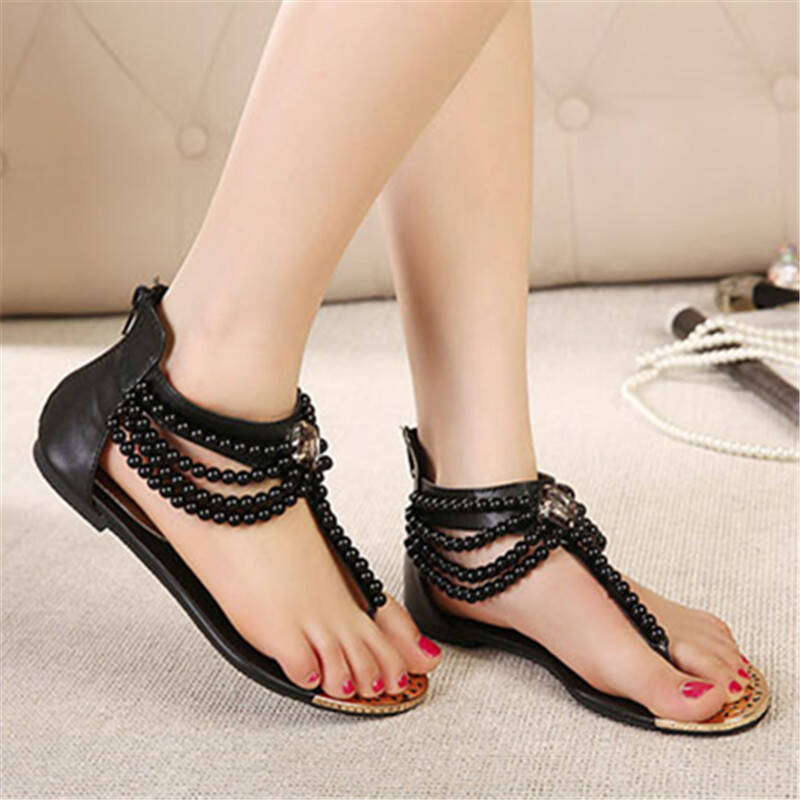 小魔法 新款 罗马风精美串珠超闪宝石平底夹脚女凉鞋 黑色 37