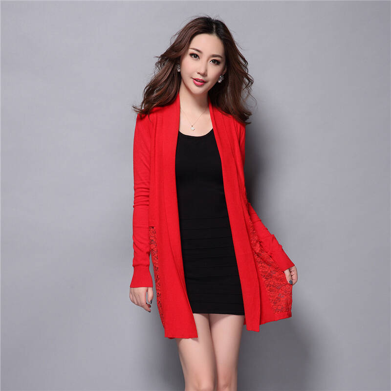 佰茵 春秋季新款修身中长款开衫毛织外套打底连衣裙女两件套 红色