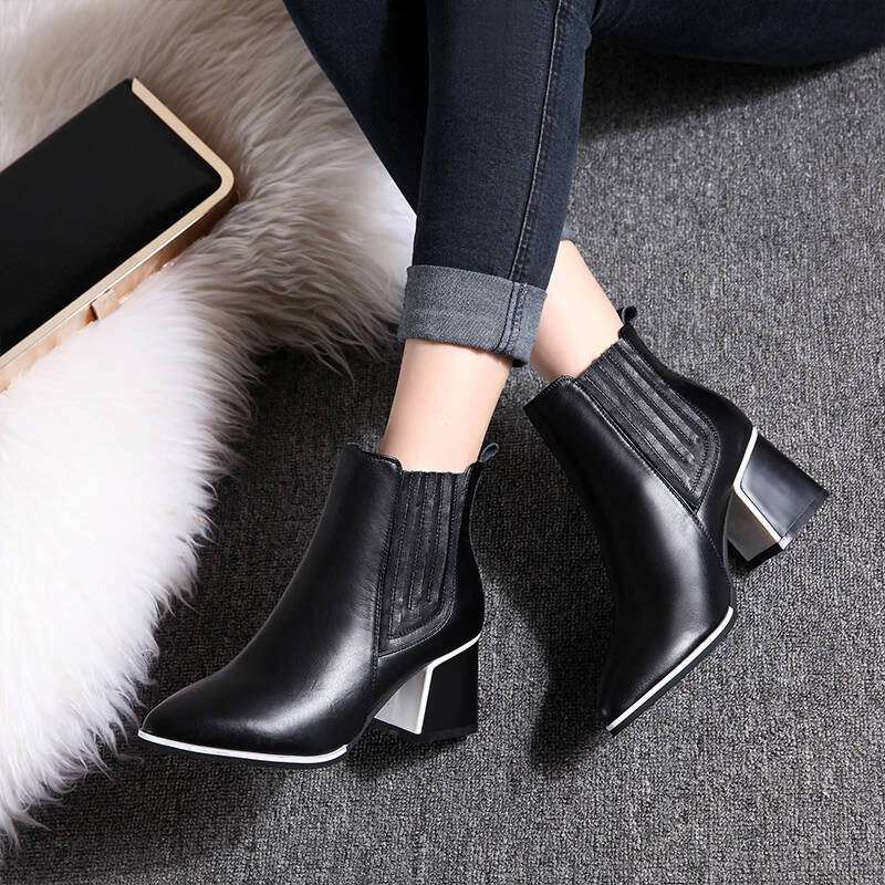 百慕倾臣春季新款时尚优雅女鞋裸靴 粗跟短靴 黑色绒里 36