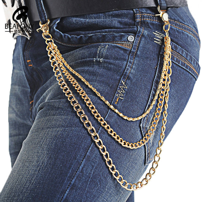 佰妃丽时尚百搭牛仔金属裤链男潮腰链金色腰链 p7016 金色 均码