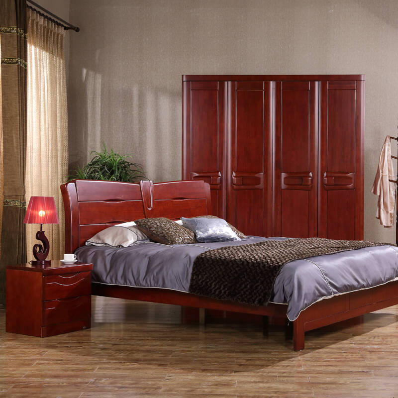 家居 蝴蝶卧房四件套 排骨架床 床头柜 四门衣柜 现代中式卧室家具