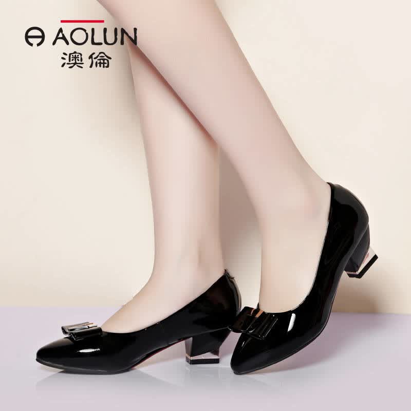 澳伦(aolun)2015秋新品甜美舒适女鞋 尖头粗中跟鞋蝴蝶结红色单鞋