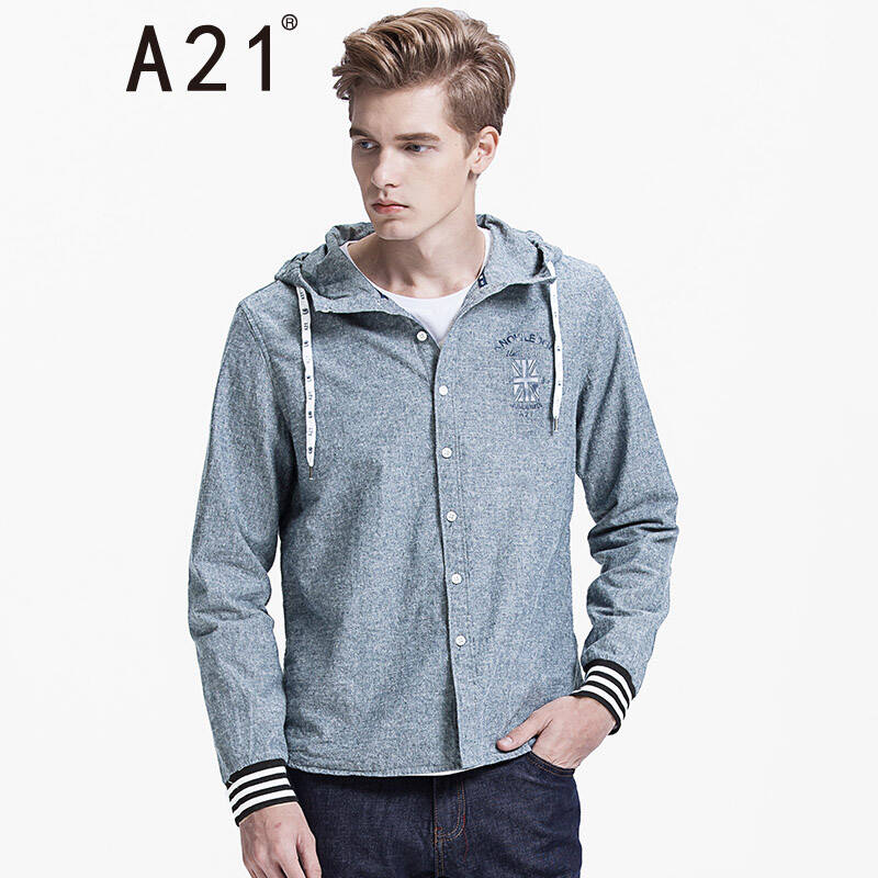 以纯线上品牌a21 春装男装连帽衬衫休闲印花全棉长袖衬衣男4541170023