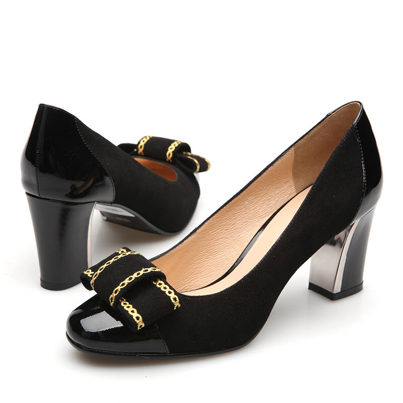 刺绣蝴蝶结羊绒粗跟豹纹拼接通勤高跟单鞋女1700145 黑色羊绒430103