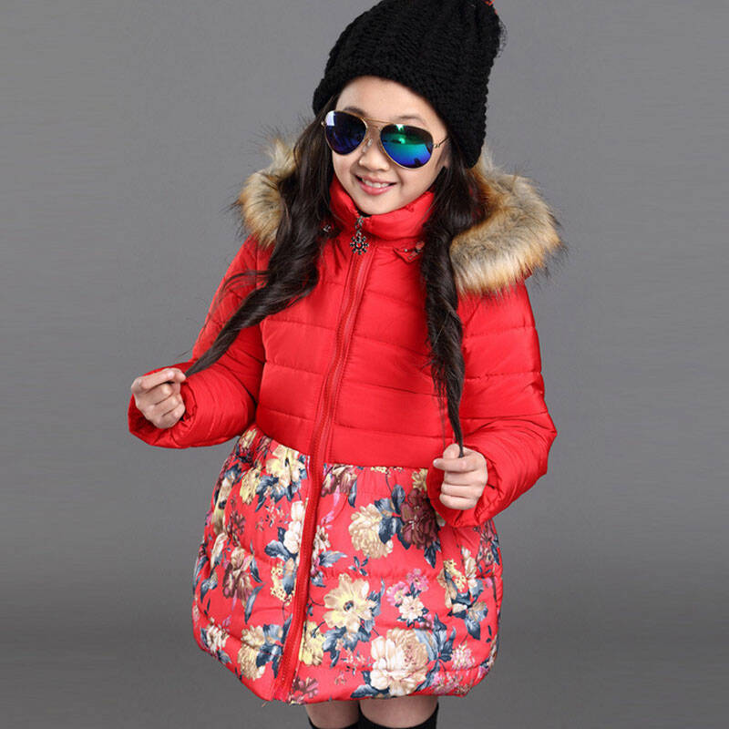 女童冬装儿童棉服外套冬款韩版中大童加绒加厚毛领宝宝碎花童棉衣外套