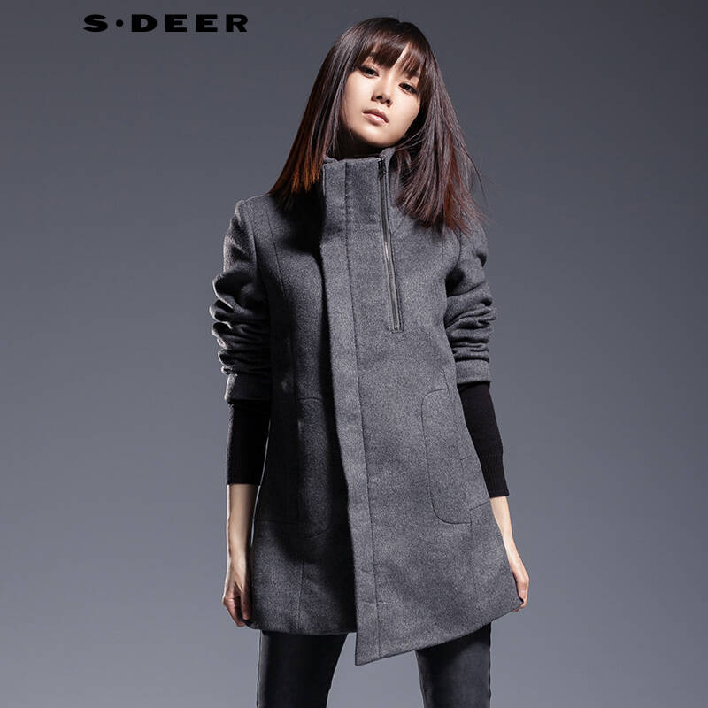 圣迪奥 sdeer 2015冬装新款女拉链斜襟拼接袖大衣 德国灰 s