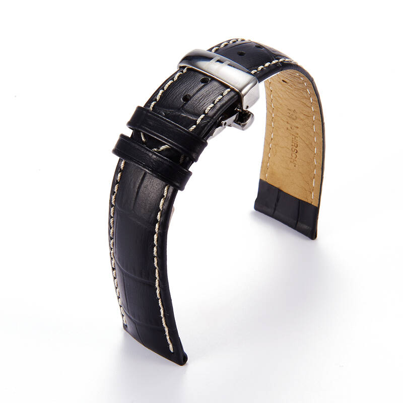 海奕施(hirsch)表带牛皮各品牌男女手表通用表带黑色白线钢色蝴蝶扣18