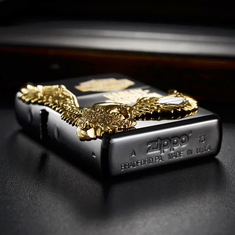 zippo打火机 哈雷大侧鹰贴章hdp-14 王者归来黑冰镀金翱翔天际标 专柜