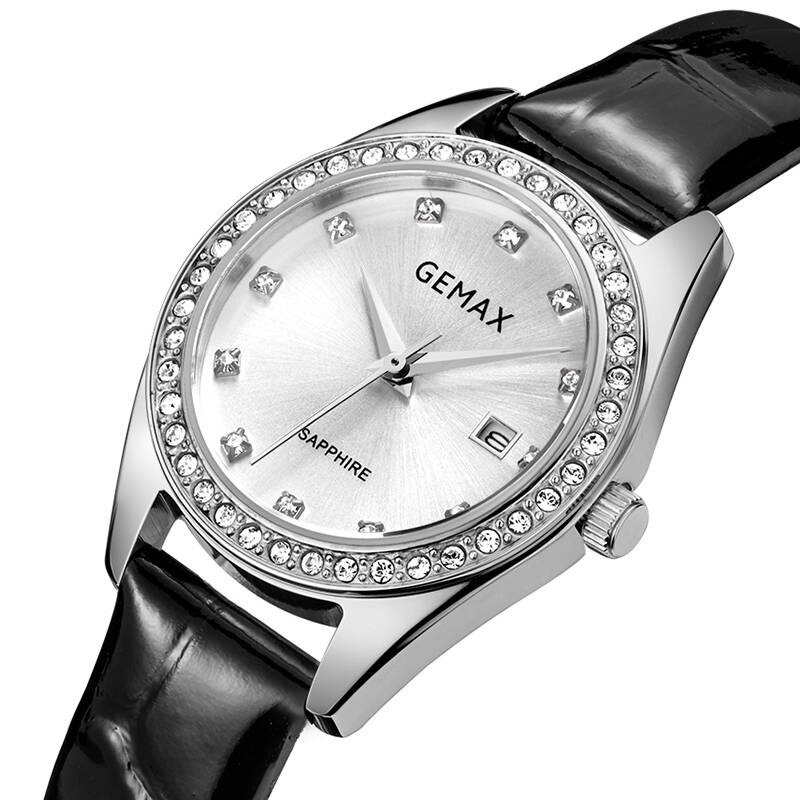 格玛仕(gemax)时尚简约单日历女表镶钻精钢石英女士皮带手表mx2164 白