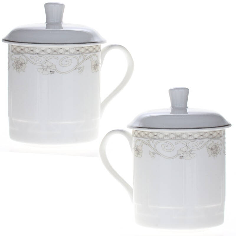 雅诚德水杯 办公茶杯陶瓷杯带盖(400ml)皇爵系列大介杯(180花) 6只装