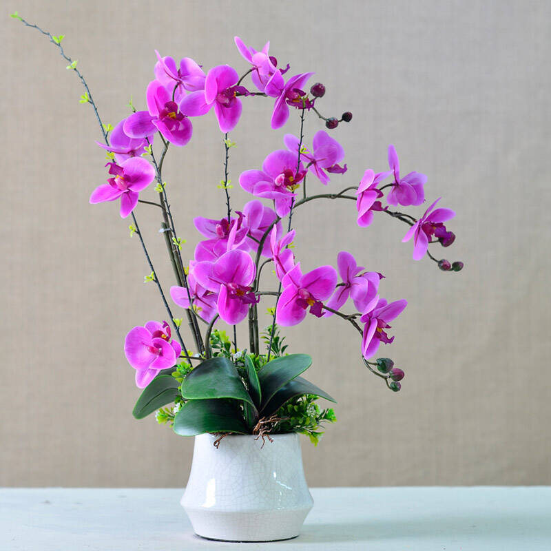 花套装兰花假花装饰花客厅电视柜绢花摆件饰品 白盆冰裂纹-紫色梦幻款