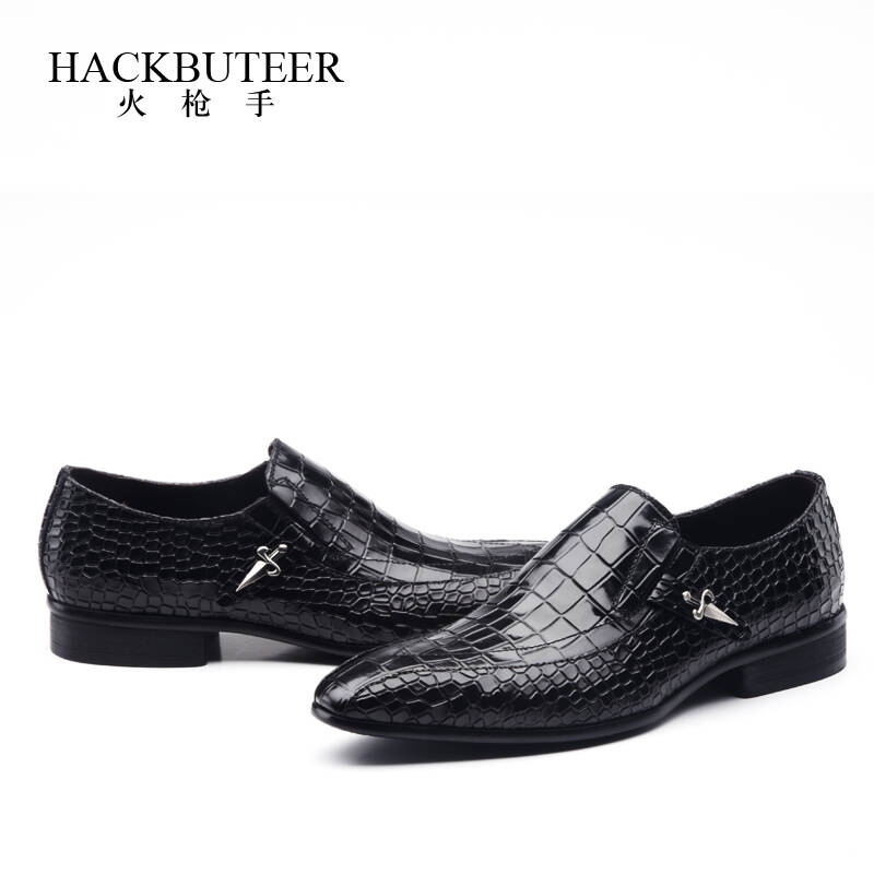 火枪手英伦商务正装漆皮鳄鱼纹流行男鞋潮流韩版尖头鞋860038 黑色 39