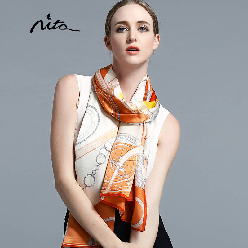 nita妮塔2015秋新品英伦风尚真丝素绉缎长巾 100%桑蚕丝丝巾围巾 橙色
