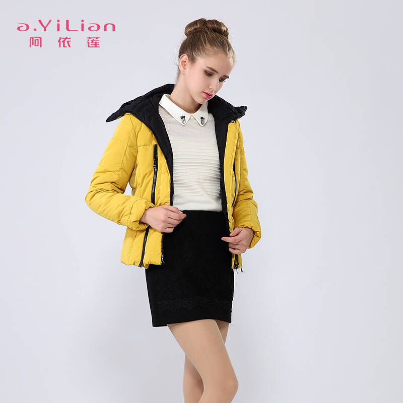阿依莲2015冬季新款时尚连帽收腰短款羽绒服女ca44159458 矿石黄 m - 
