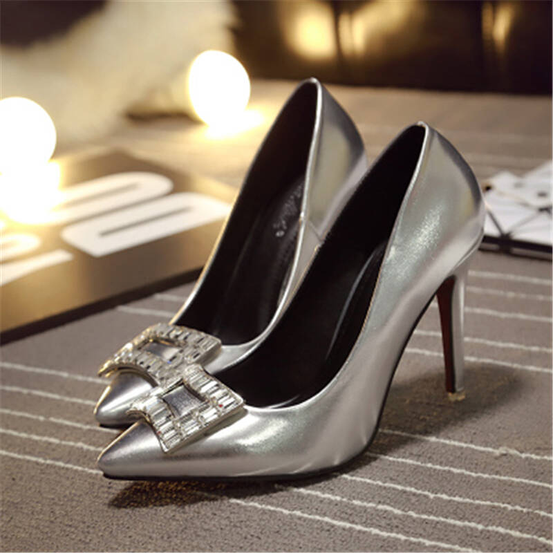 步莱尼2015裸色尖头高跟鞋女细跟中跟单鞋裸银色漆皮浅口性感夜店秋鞋