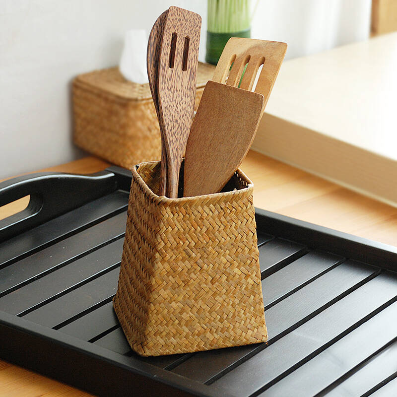 kens 天然蒲草编织创意收纳篮 装饰花朵放置篮办公用具收纳盒 桌面