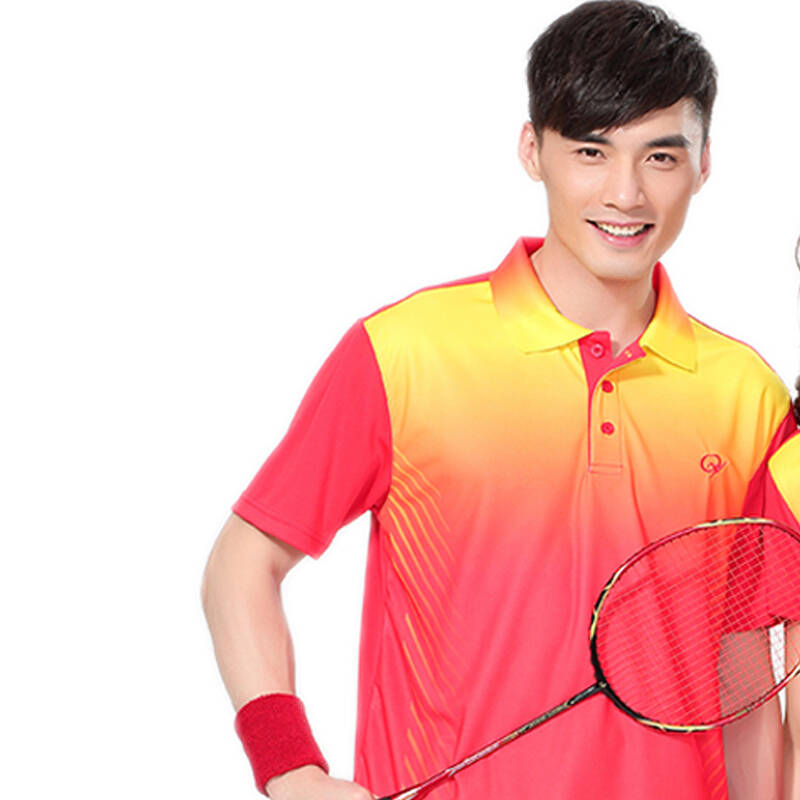 夏季 羽毛球服情侣套装 短袖翻领运动t恤 透气速干衣 红色套装 男款