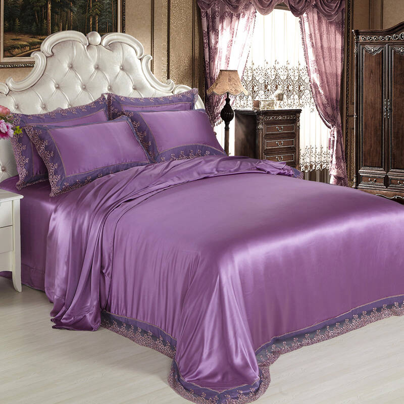 润美 纯色双面真丝四件套 真丝床上用品 花边款 神秘紫罗兰 1.5m床