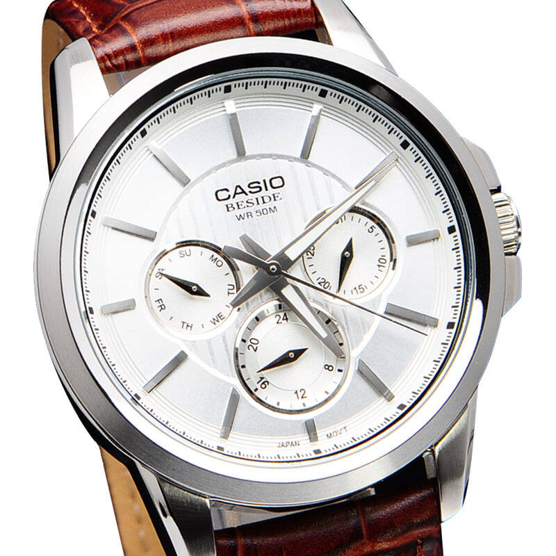 【全国联保】卡西欧(casio)手表 bem系列三眼石英男士皮带表 白盘bem