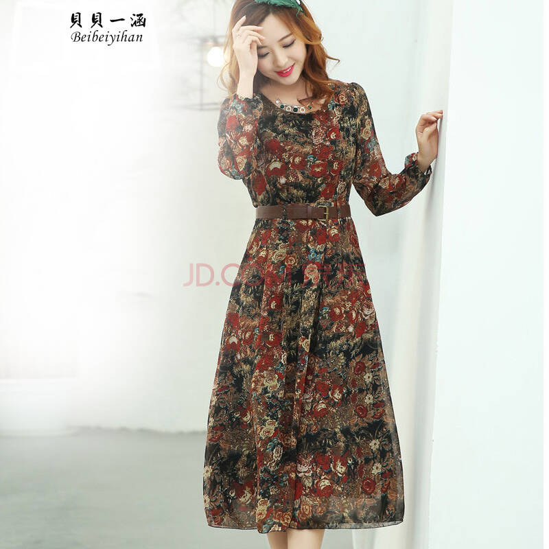 一涵2014新款女装雪纺连衣裙长袖圆领腰带印花长裙子ldb835 红牡丹花