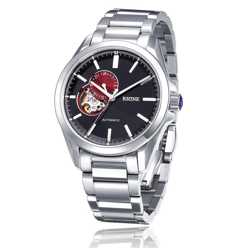 莱茵(rhine)全自动多功能镂空机械表男士手表商务男表精钢表带皮带蓝