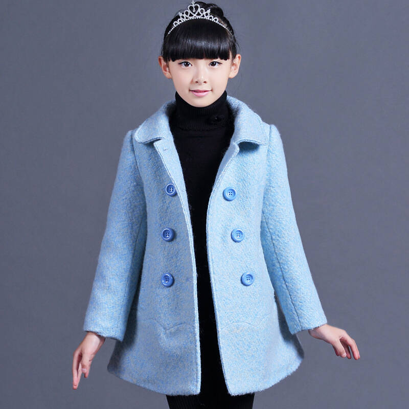 呢秋冬新款2015儿童呢子大衣中长款加厚公主长袖呢子上衣保暖 浅蓝色