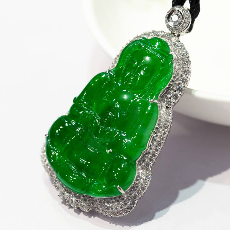 碧玉尊 帝王绿翡翠观音吊坠 满钻玉观音玉坠子男士玉佩挂件收藏级珠宝