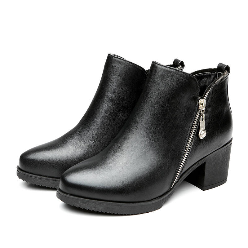 意尔康女鞋 秋冬季新款牛皮高跟女靴 粗跟防水台短靴女单靴5551dm2776