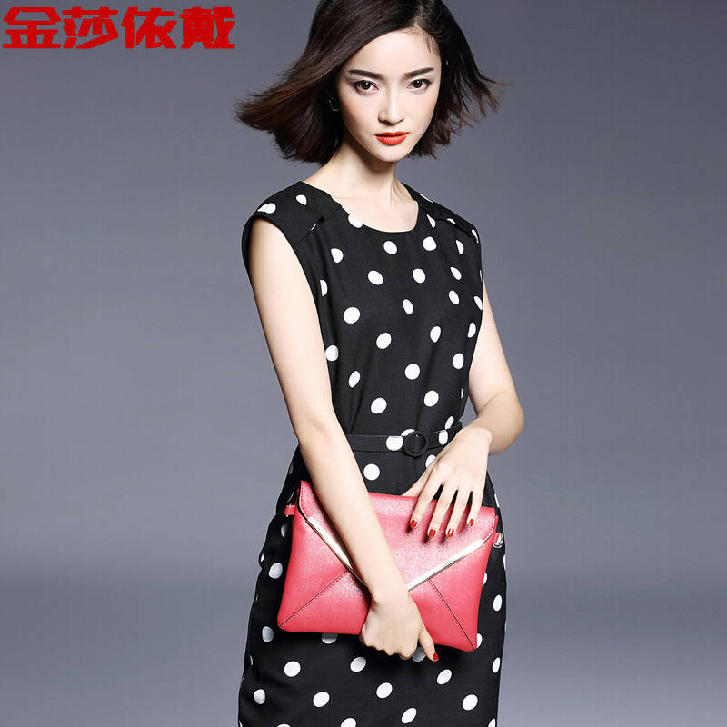 金莎依戴 印花波点连衣裙2016春夏新品修身时尚百搭包臀裙女中裙 黑色