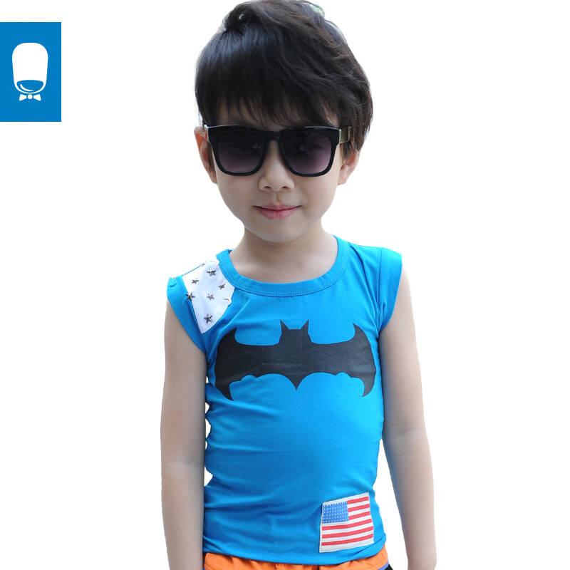 小小莎啦 夏款新款 男童蝙蝠侠印花儿童纯棉打底背心 341021 蓝色 120