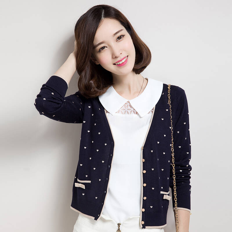 kesuoer韩版秋装2014新款长袖v领针织衫女开衫春秋薄短款外套女式针织