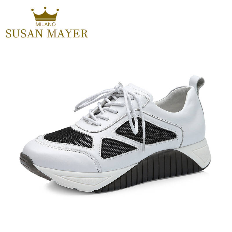 susan mayer新款女鞋 低帮休闲鞋牛皮网纱镂空透气系带厚底运动鞋个性