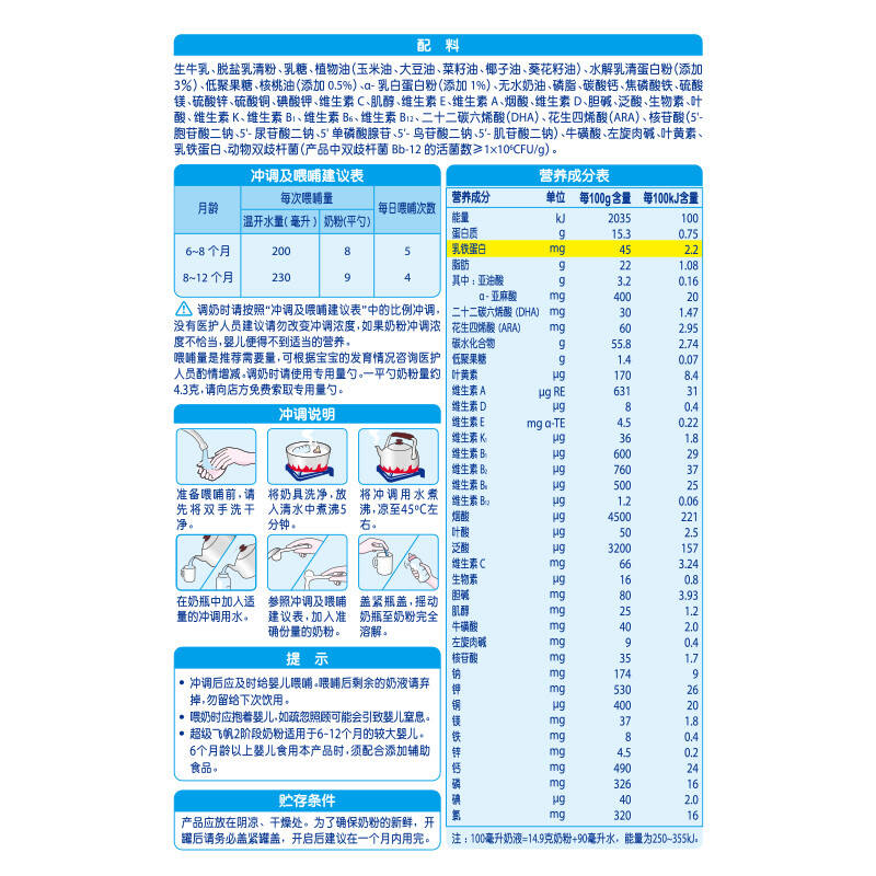 飞鹤超级飞帆臻爱倍护 2段较大婴儿配方奶粉听装 900g 单罐