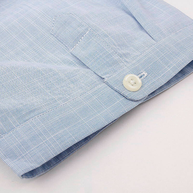 朗悦 男士拼接棉麻风短袖衬衫纯色格子衬衣男时尚休闲短袖cd1424 月白