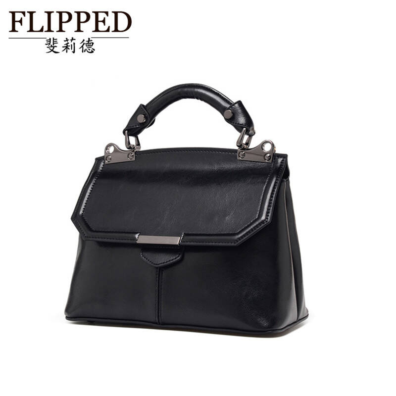 flipped斐莉德 新款手提女包纯色牛皮大容量青年包盖式斜挎背包 黑色