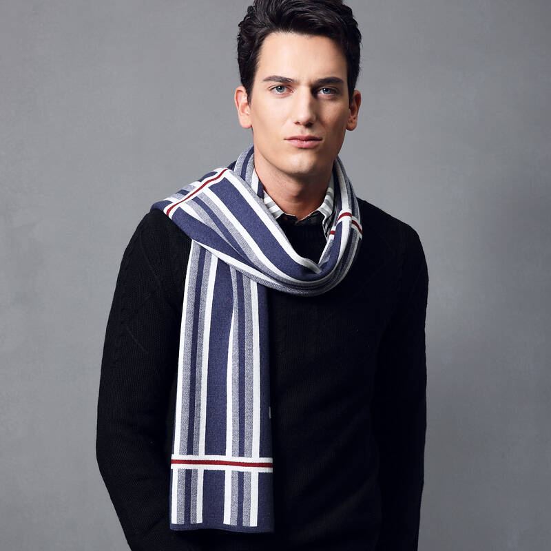 京东配送 宝盛祥秋冬新款男士羊毛围巾披肩6003 6004蓝白