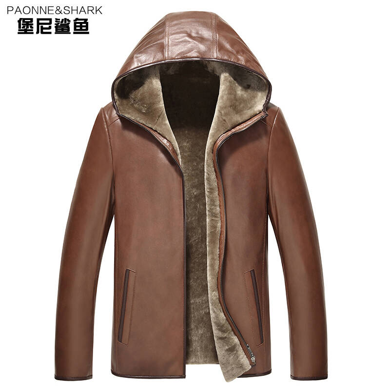 堡尼鲨鱼皮毛一体男真皮皮衣羊毛内胆尼克服男连帽加厚休闲真皮外套