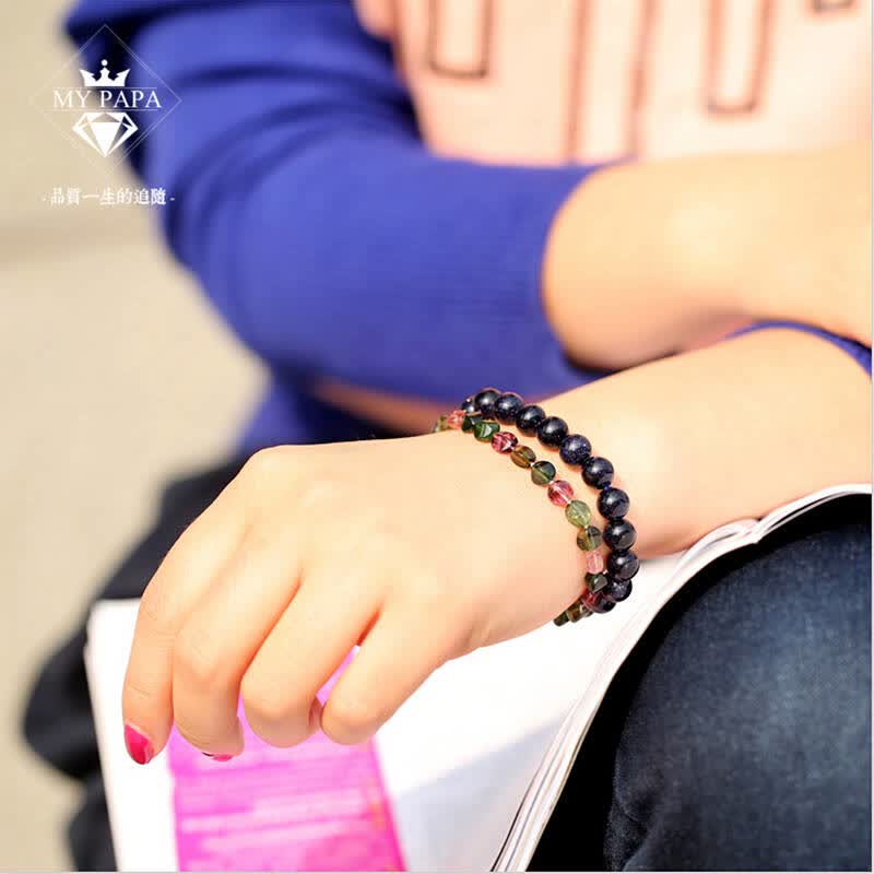 晶尚尊 天然水晶 深蓝色金沙石手链 蓝砂石手串男女情侣款 8mm16cm手