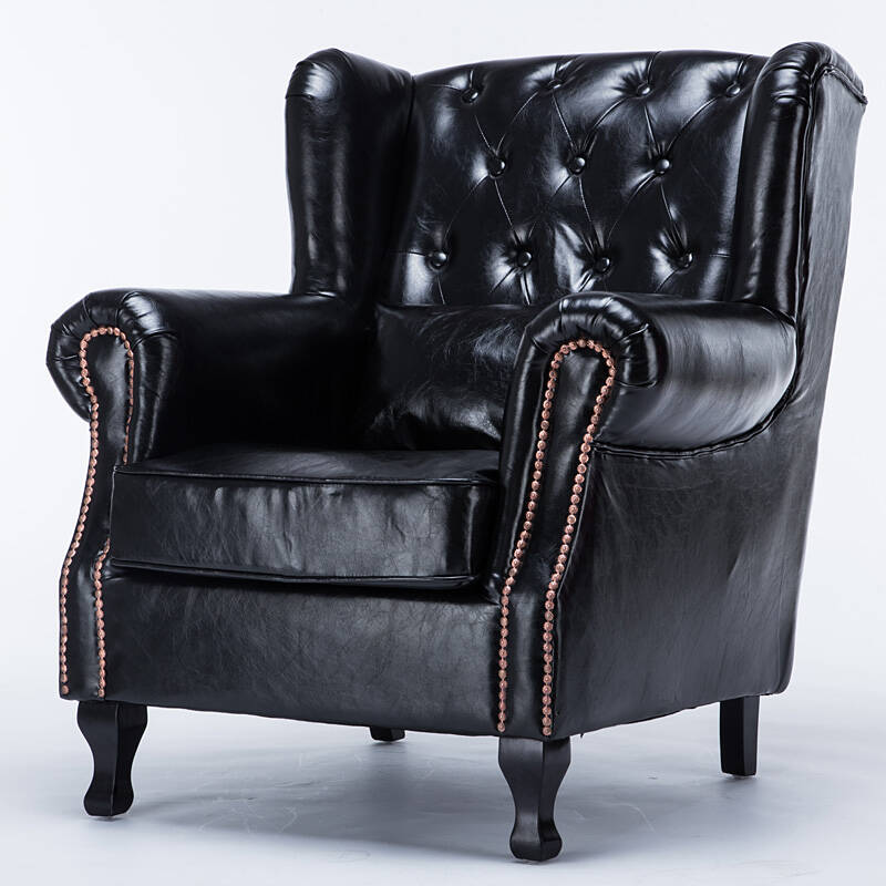御唐轩单人沙发椅 美式乡村老虎椅 高背椅沙发 卧室书房皮艺沙发 黑色