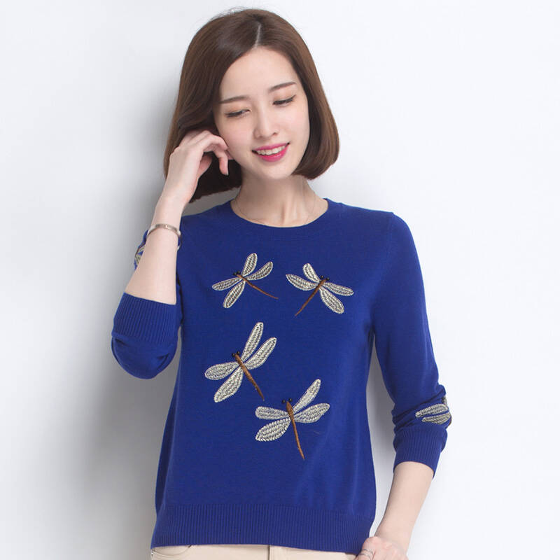 恒源祥 针织衫 女韩版套头毛衣羊毛衫蜻蜓图案 08998532宝蓝110【图片