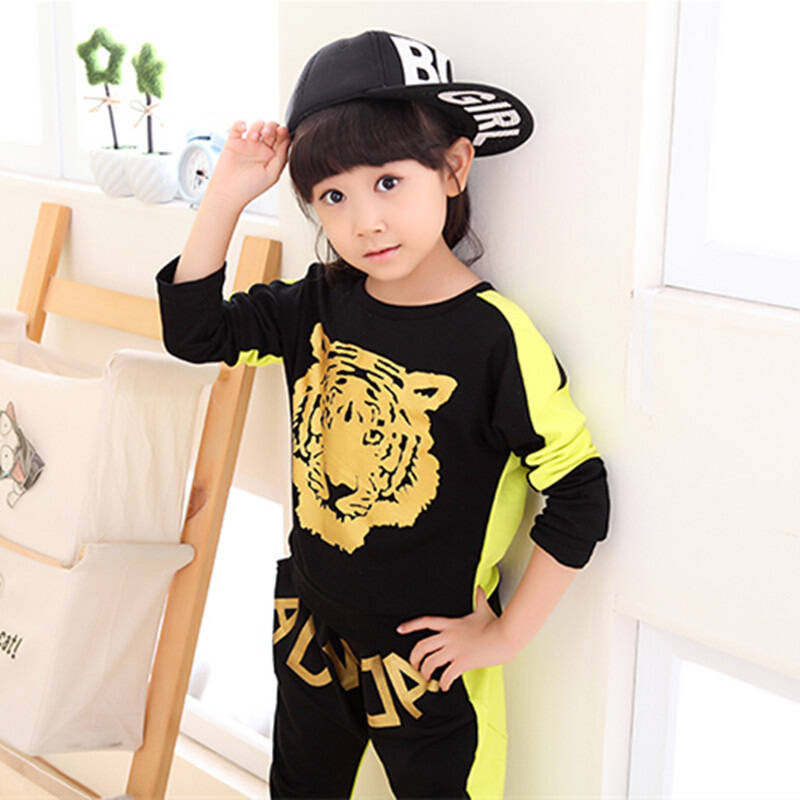 童套装秋款 老虎头印花女童套装 儿童套装长袖 韩国童装i 灰色 130码