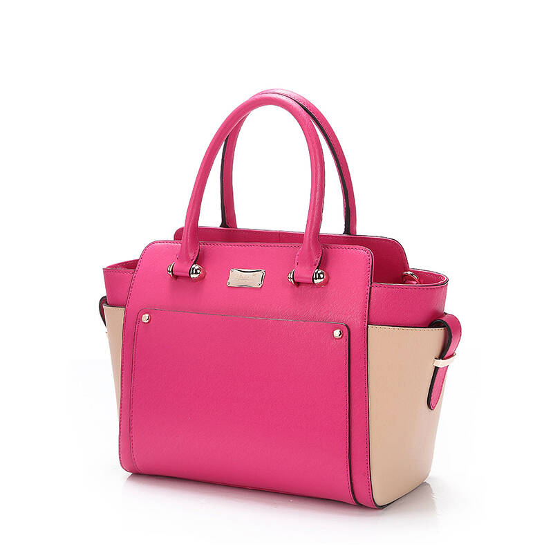 (wanlima) 新品女士手提包 专柜同款欧美时尚撞色牛皮女包包 玫红/杏