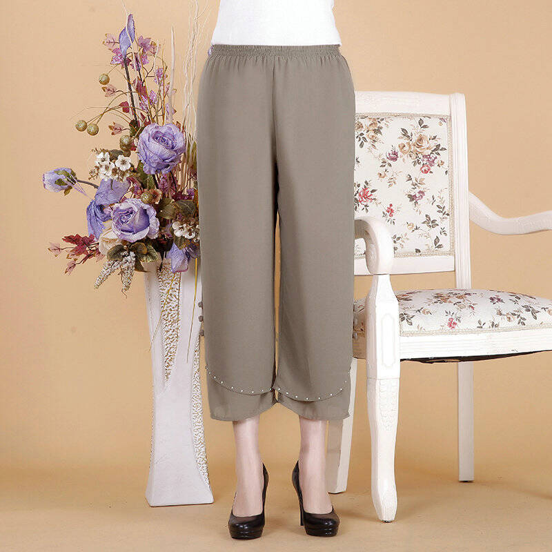 花图中老年女装2014夏装新款大码时尚妈妈装乔其丝纯色裙裤 卡其色