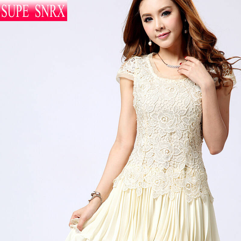 金莎依戴 2015新款夏装女装雪纺公主裙水溶绣花网纱短袖修身连衣裙