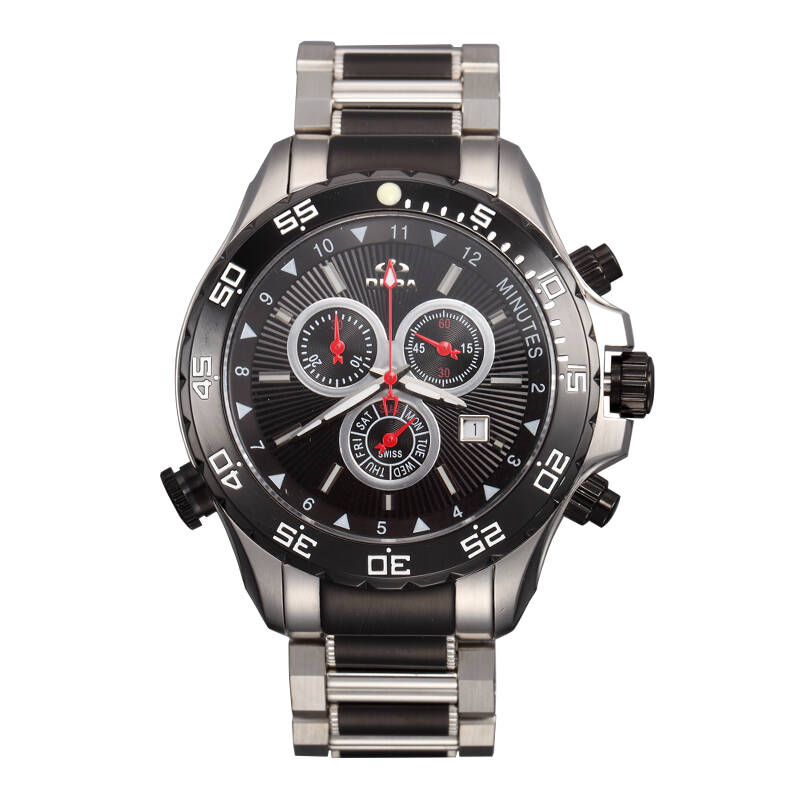 杜朗(dura)瑞士男士手表三表盘全钢防水运动黑色腕表dg21g